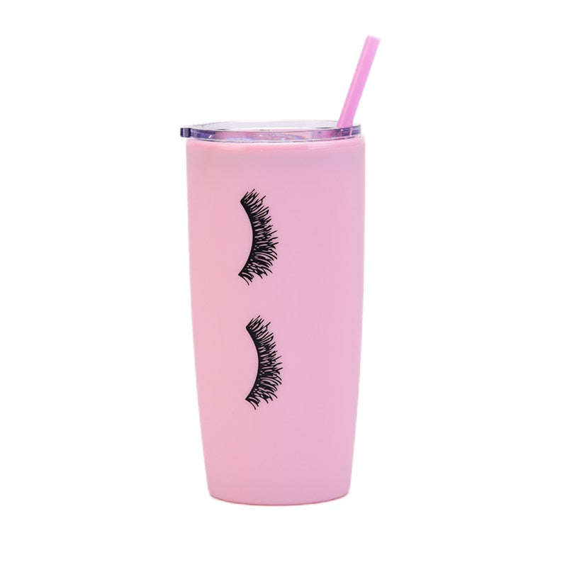 Pink Eyelashes Cup with Straw