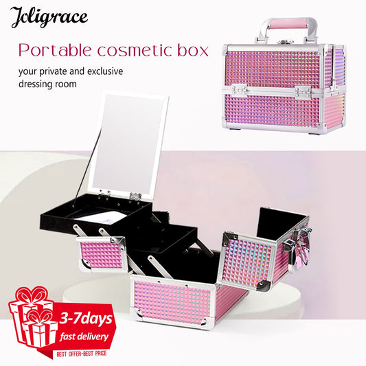 Portable Makeup Case with Mirror 2 Trays Make-up Suitcase Travel