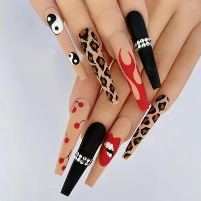 Cherry, Leopard, and Flame Designs 3D Press-On Faux Nails Set