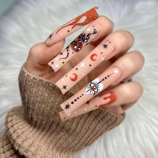Press-On Nails Set - Snake, Moon, and Flame Designs!