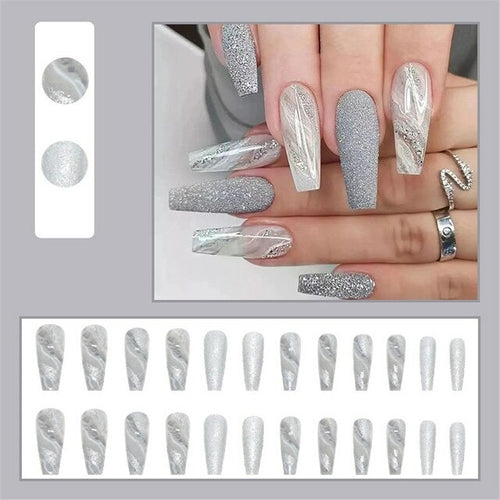 Silver Grey Glitter False Nails